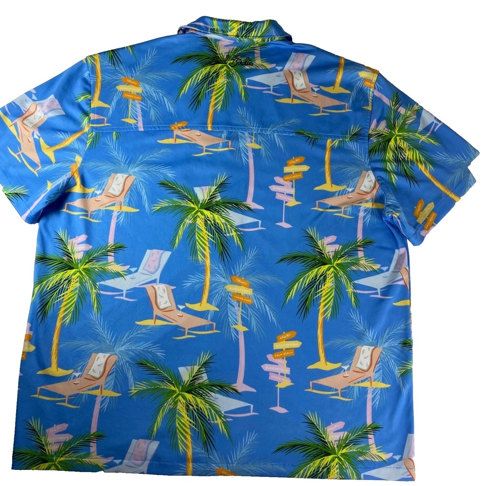 Bad Birdie Men's Blue Palm Tree Tropical Hawaiian Golf Polo Shirt Size L - Picture 7 of 7